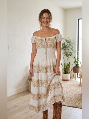Boho Off-Shoulder Cream Dress with Gold Embroidery